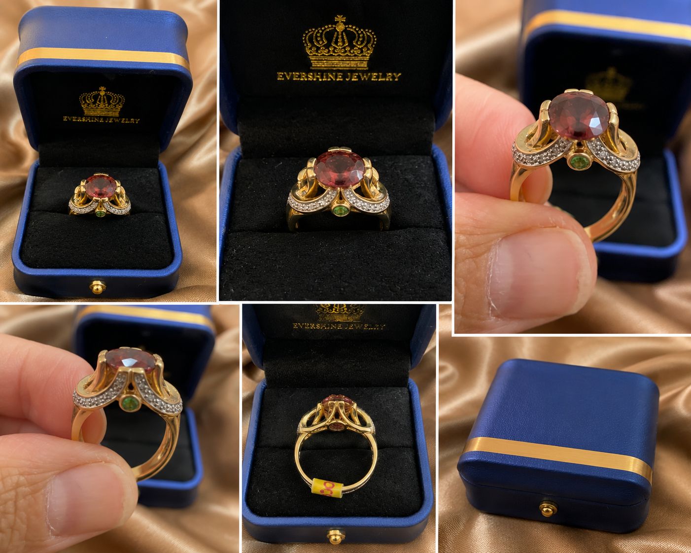 14K Yellow Gold Diamond & Red Gemstone Statement Ring Unique Cocktail Ring