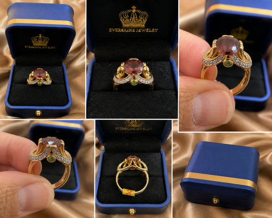 14K Yellow Gold Diamond & Red Gemstone Statement Ring Unique Cocktail Ring