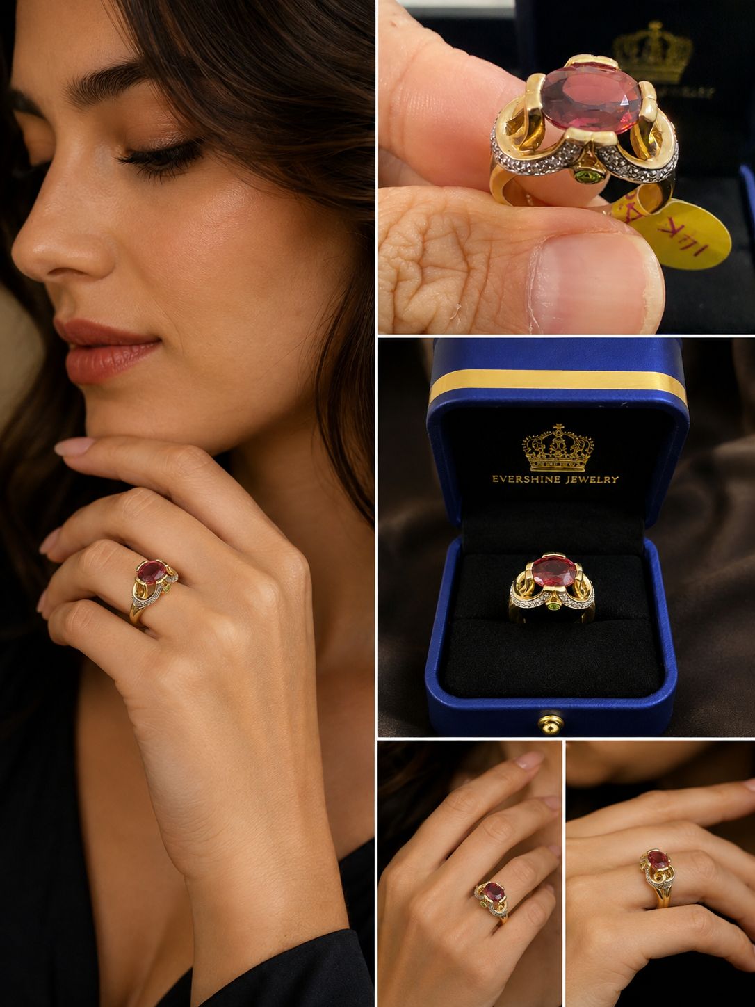 14K Yellow Gold Diamond & Red Gemstone Statement Ring Unique Cocktail Ring