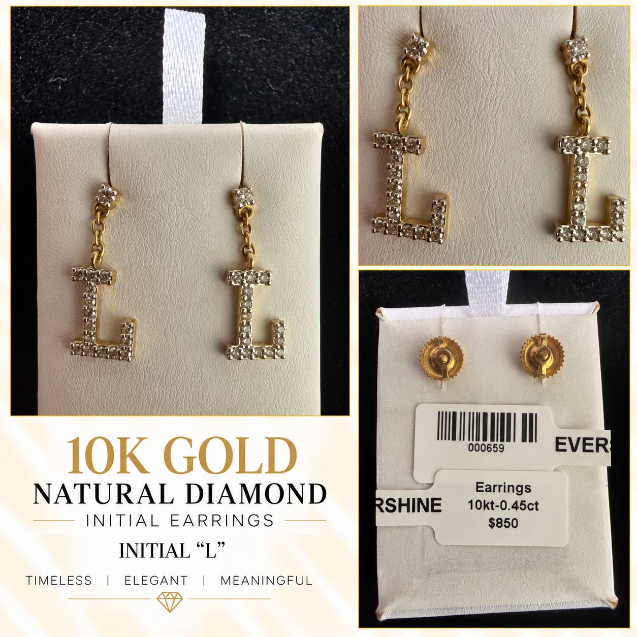10K Gold Natural Diamond Initial Letter Earrings – Choose Your Initial – $599 Pair