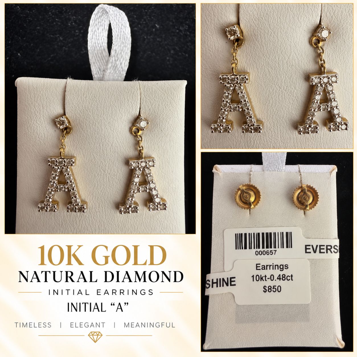 10K Gold Natural Diamond Initial Letter Earrings – Choose Your Initial – $599 Pair