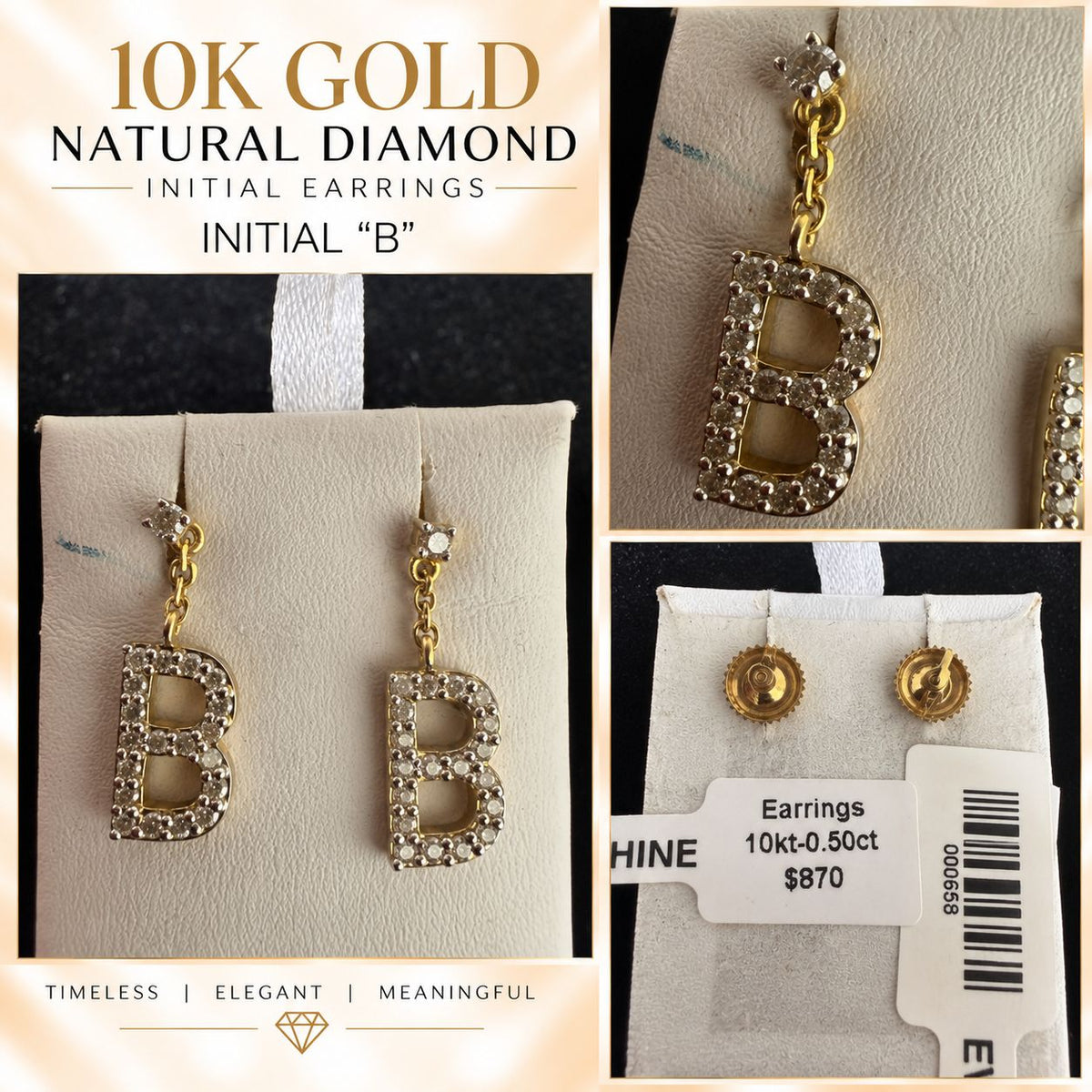 10K Gold Natural Diamond Initial Letter Earrings – Choose Your Initial – $599 Pair