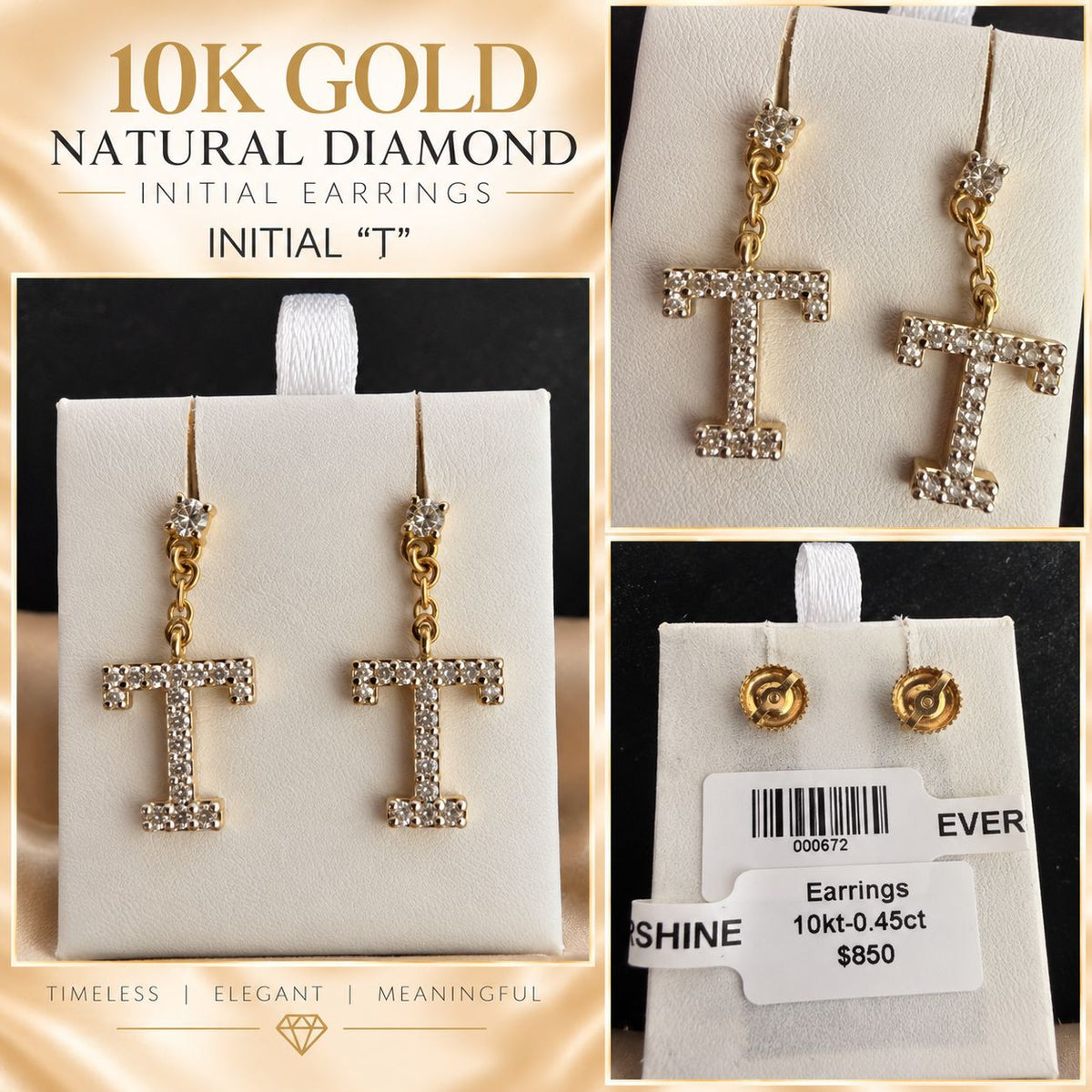 10K Gold Natural Diamond Initial Letter Earrings – Choose Your Initial – $599 Pair