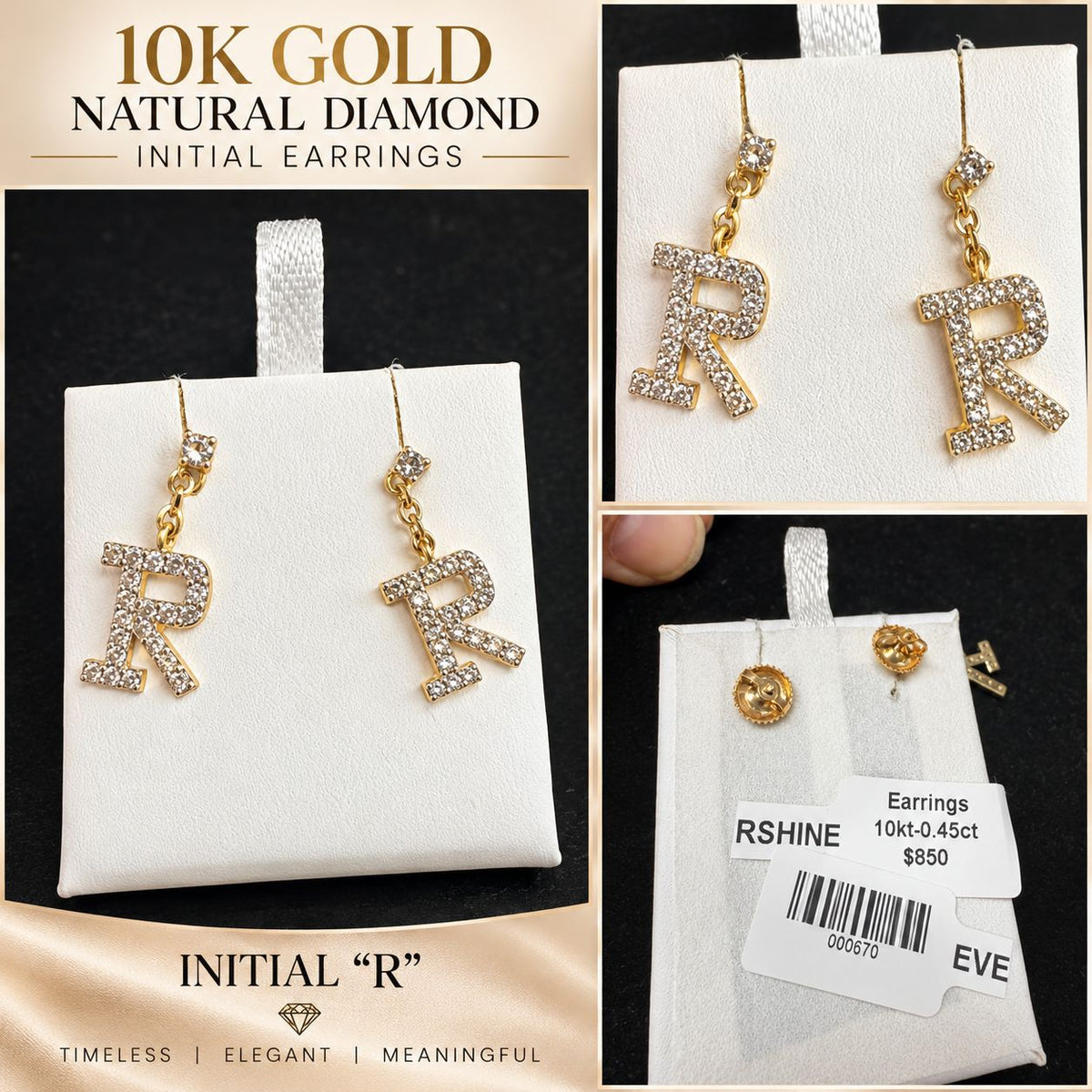 10K Gold Natural Diamond Initial Letter Earrings – Choose Your Initial – $599 Pair