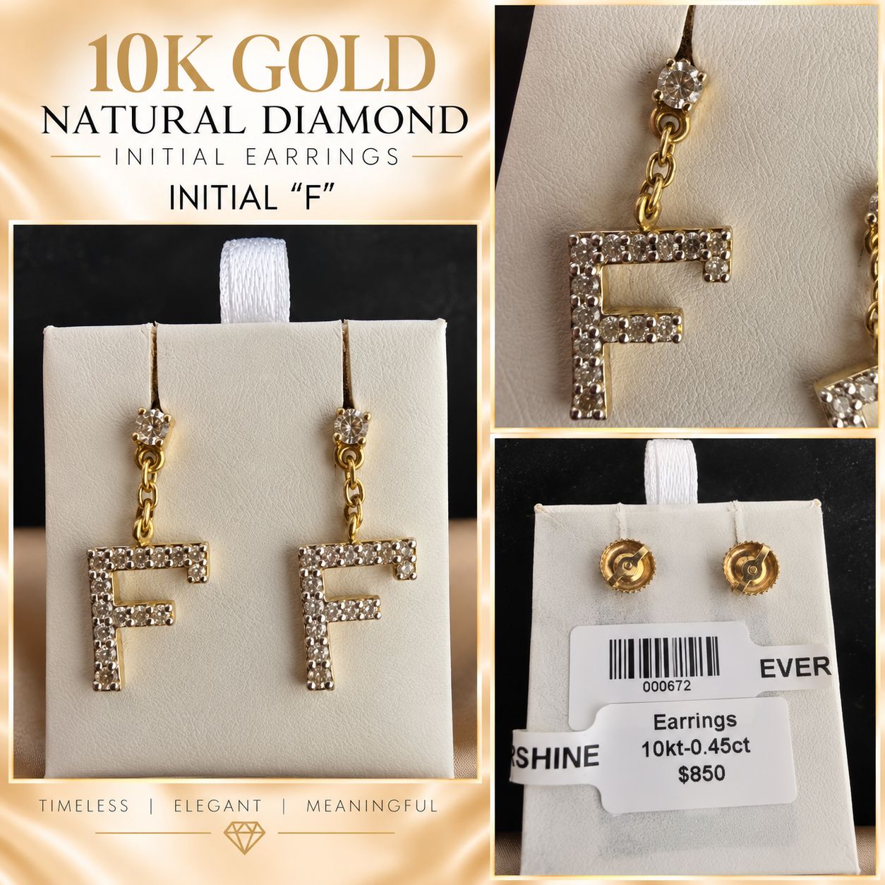 10K Gold Natural Diamond Initial Letter Earrings – Choose Your Initial – $599 Pair