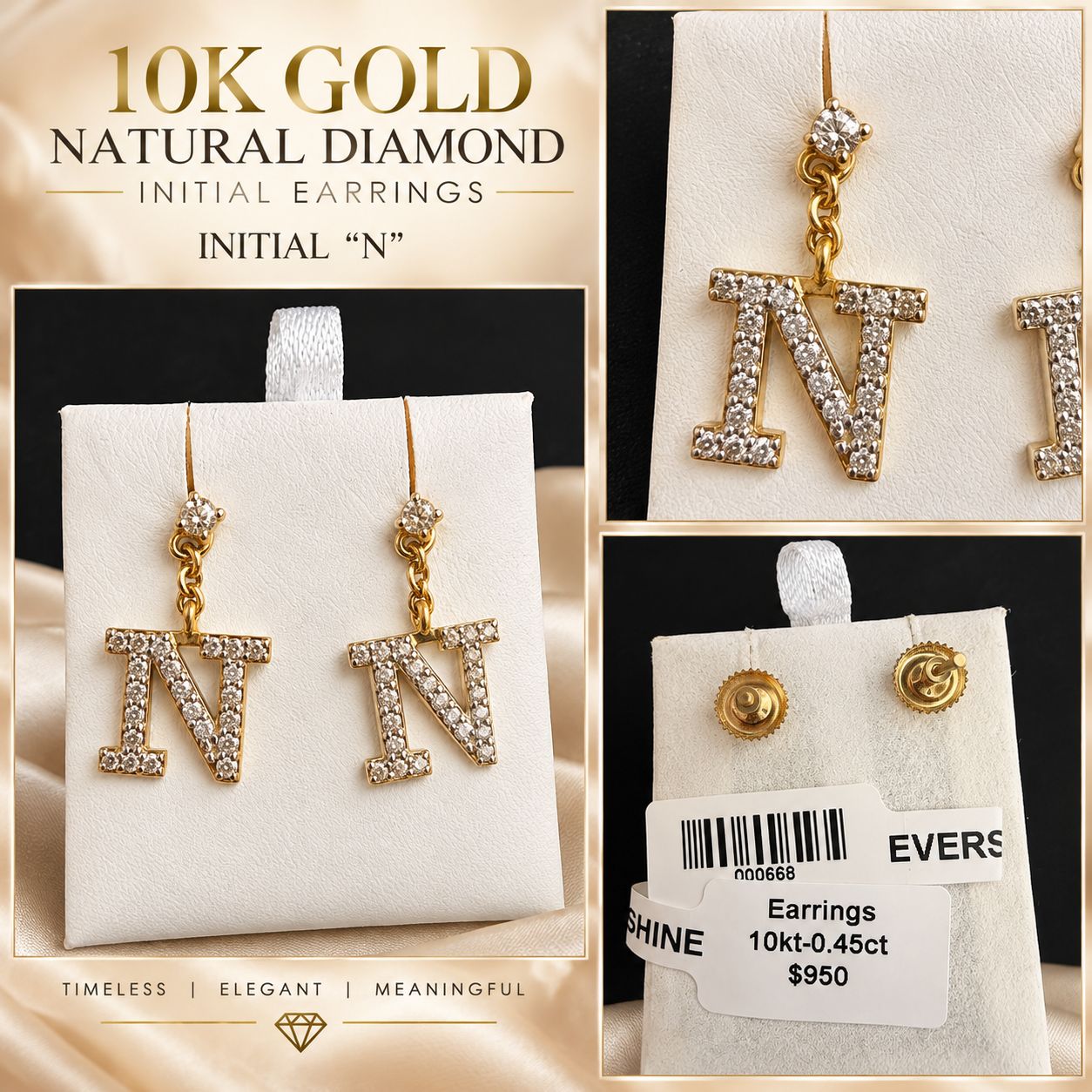 10K Gold Natural Diamond Initial Letter Earrings – Choose Your Initial – $599 Pair