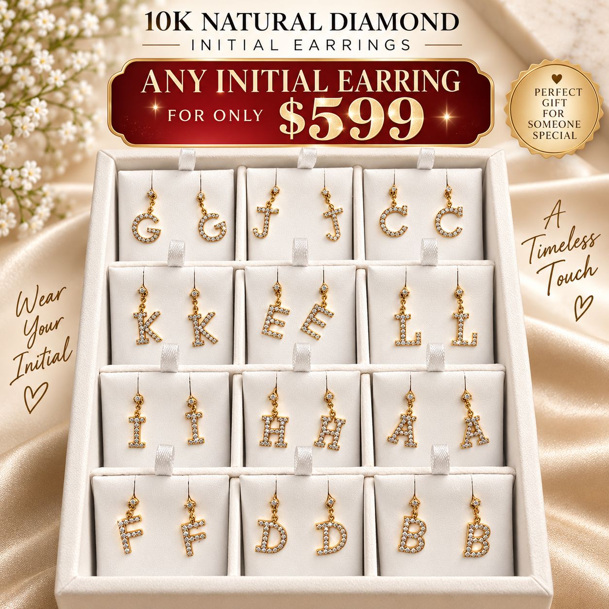 10K Gold Natural Diamond Initial Letter Earrings – Choose Your Initial – $599 Pair
