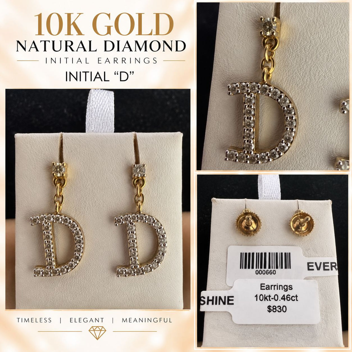 10K Gold Natural Diamond Initial Letter Earrings – Choose Your Initial – $599 Pair