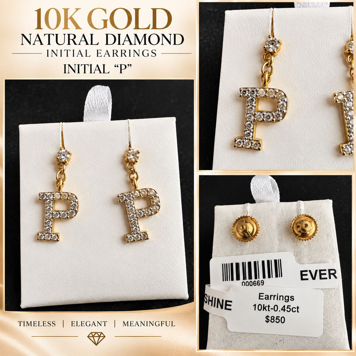 10K Gold Natural Diamond Initial Letter Earrings – Choose Your Initial – $599 Pair