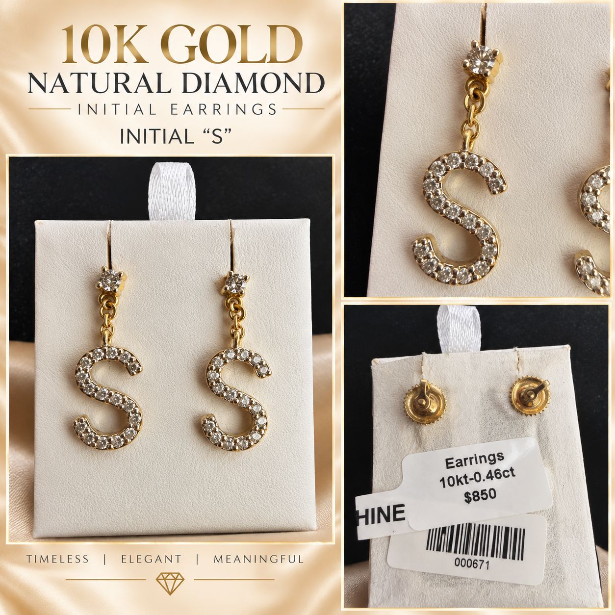 10K Gold Natural Diamond Initial Letter Earrings – Choose Your Initial – $599 Pair