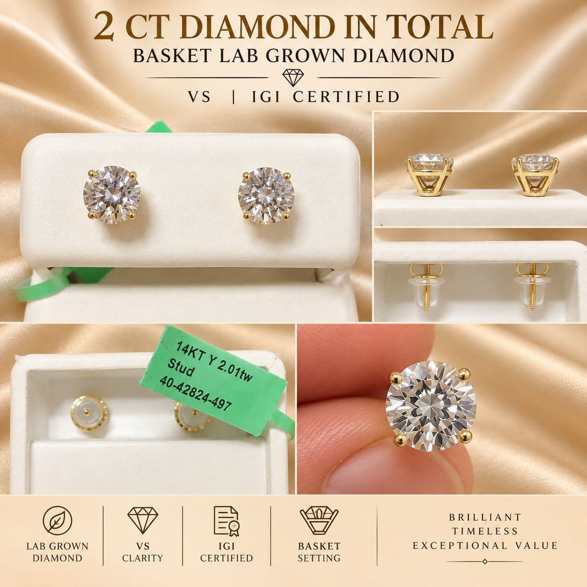 14K Yellow Gold Lab Grown Diamond Stud Earrings 1-6 CT TW IGI Certified Option
