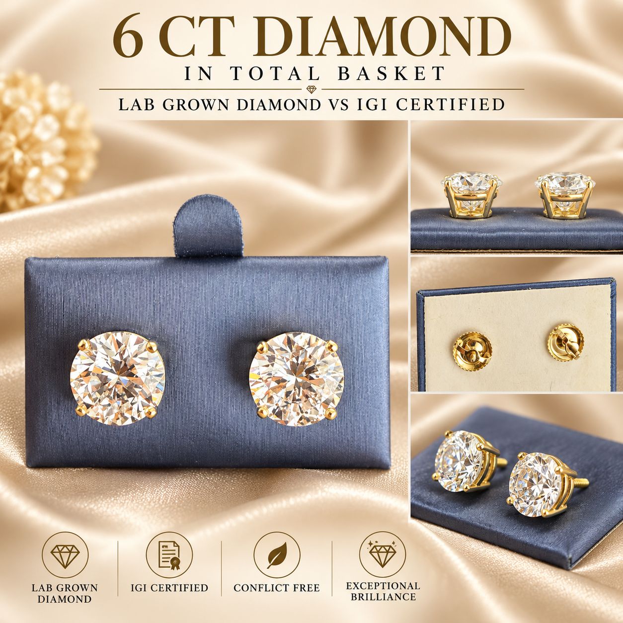 14K Yellow Gold Lab Grown Diamond Stud Earrings 1-6 CT TW IGI Certified Option