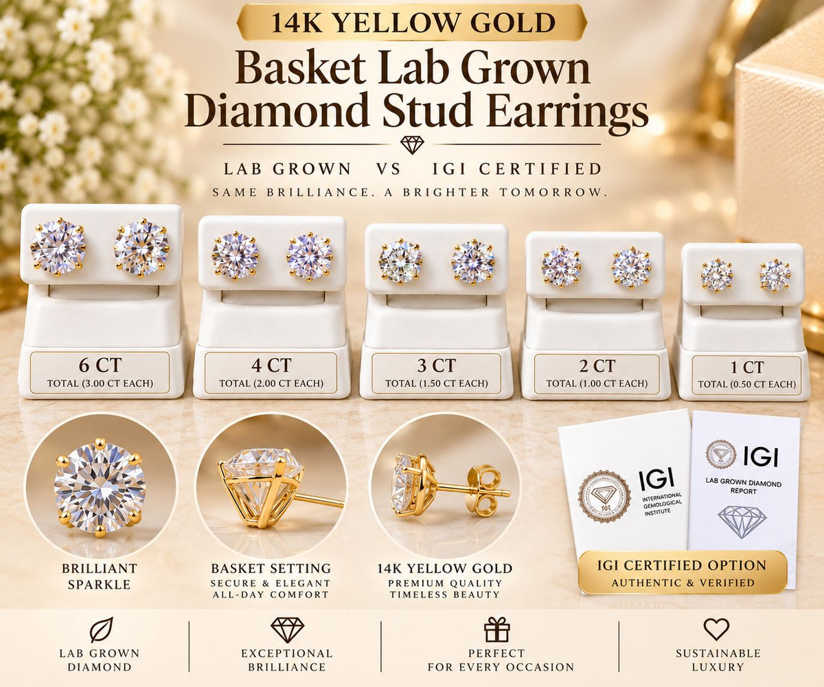 14K Yellow Gold Lab Grown Diamond Stud Earrings 1-6 CT TW IGI Certified Option