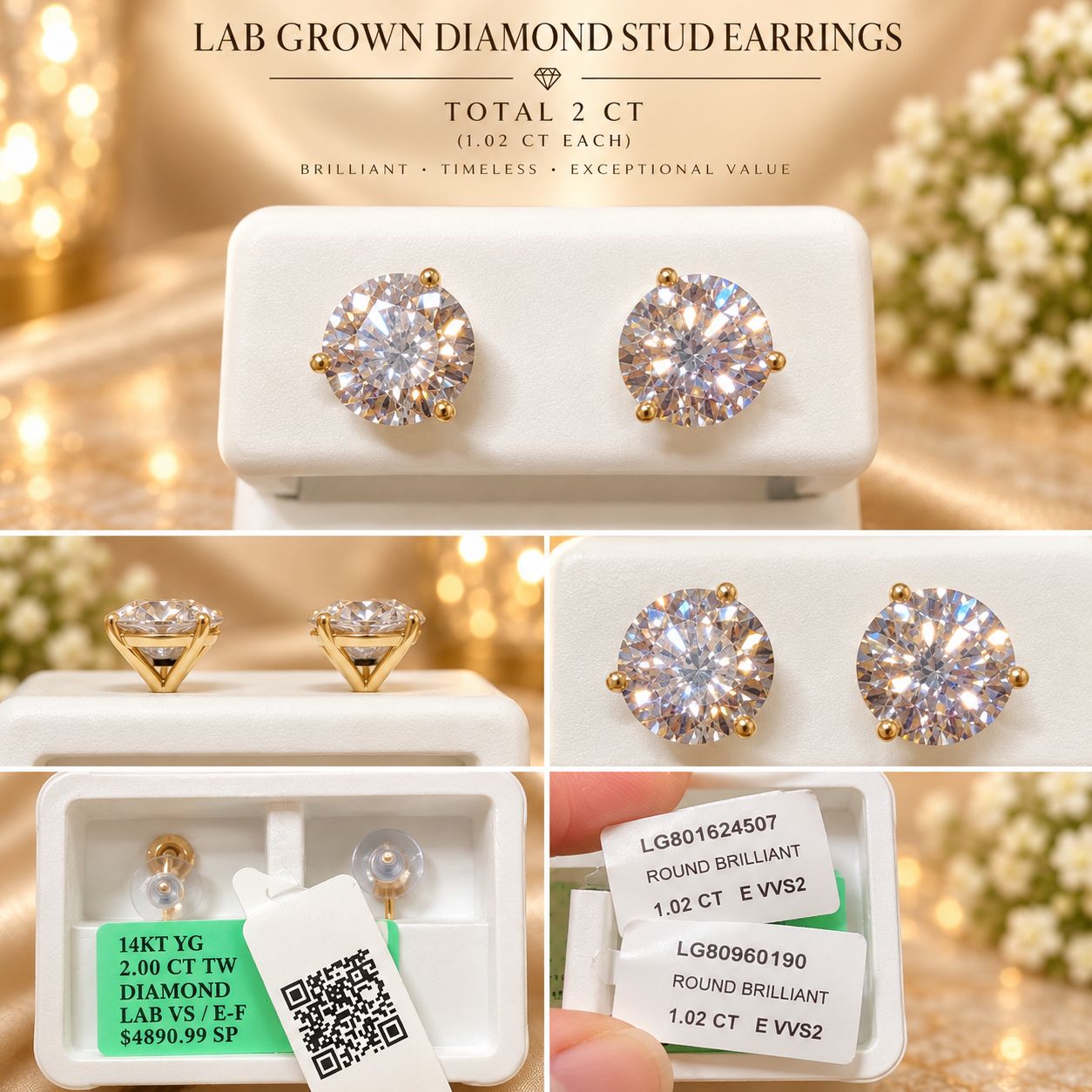 Lab Grown Diamond Stud Earrings 1-3 CT Total Martini Setting IGI Certified Option