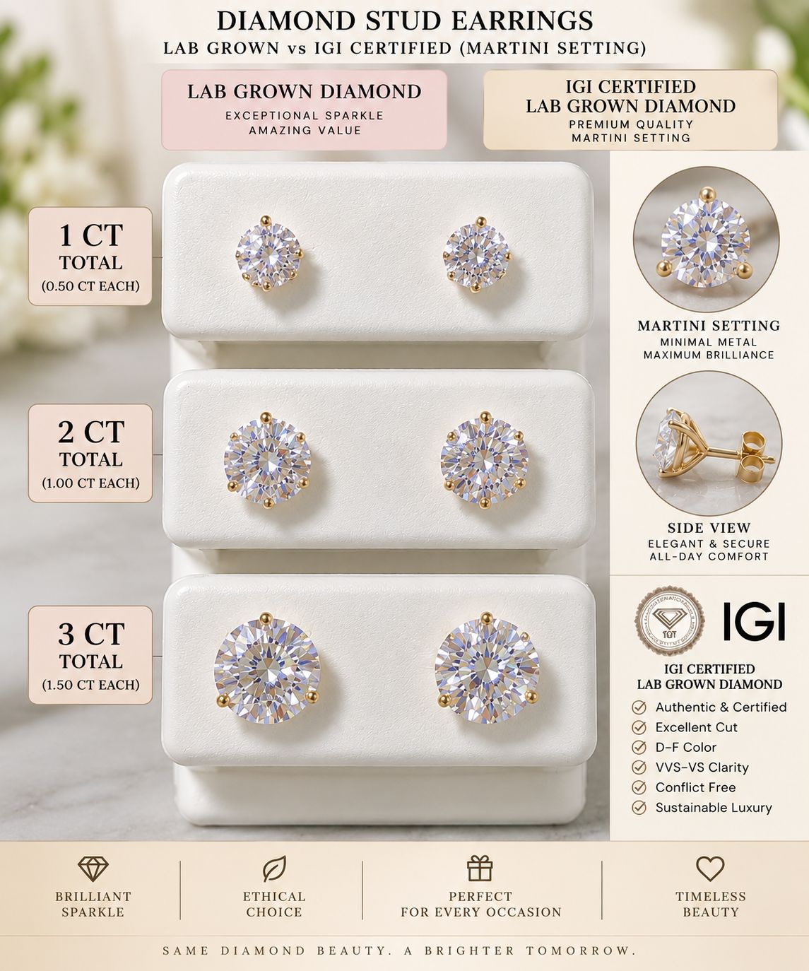 Lab Grown Diamond Stud Earrings 1-3 CT Total Martini Setting IGI Certified Option