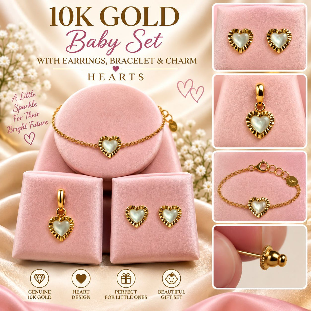 10K Yellow Gold Baby Bracelet Charm & Earrings Set – Choose Your Style – Gift