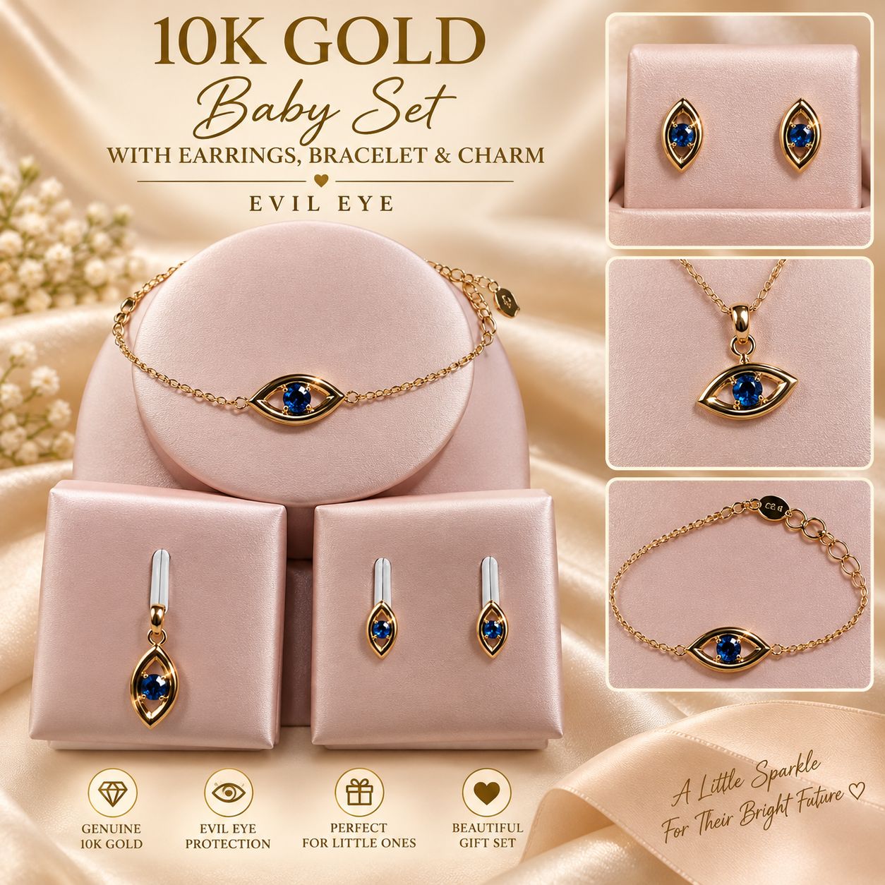 10K Yellow Gold Baby Bracelet Charm & Earrings Set – Choose Your Style – Gift