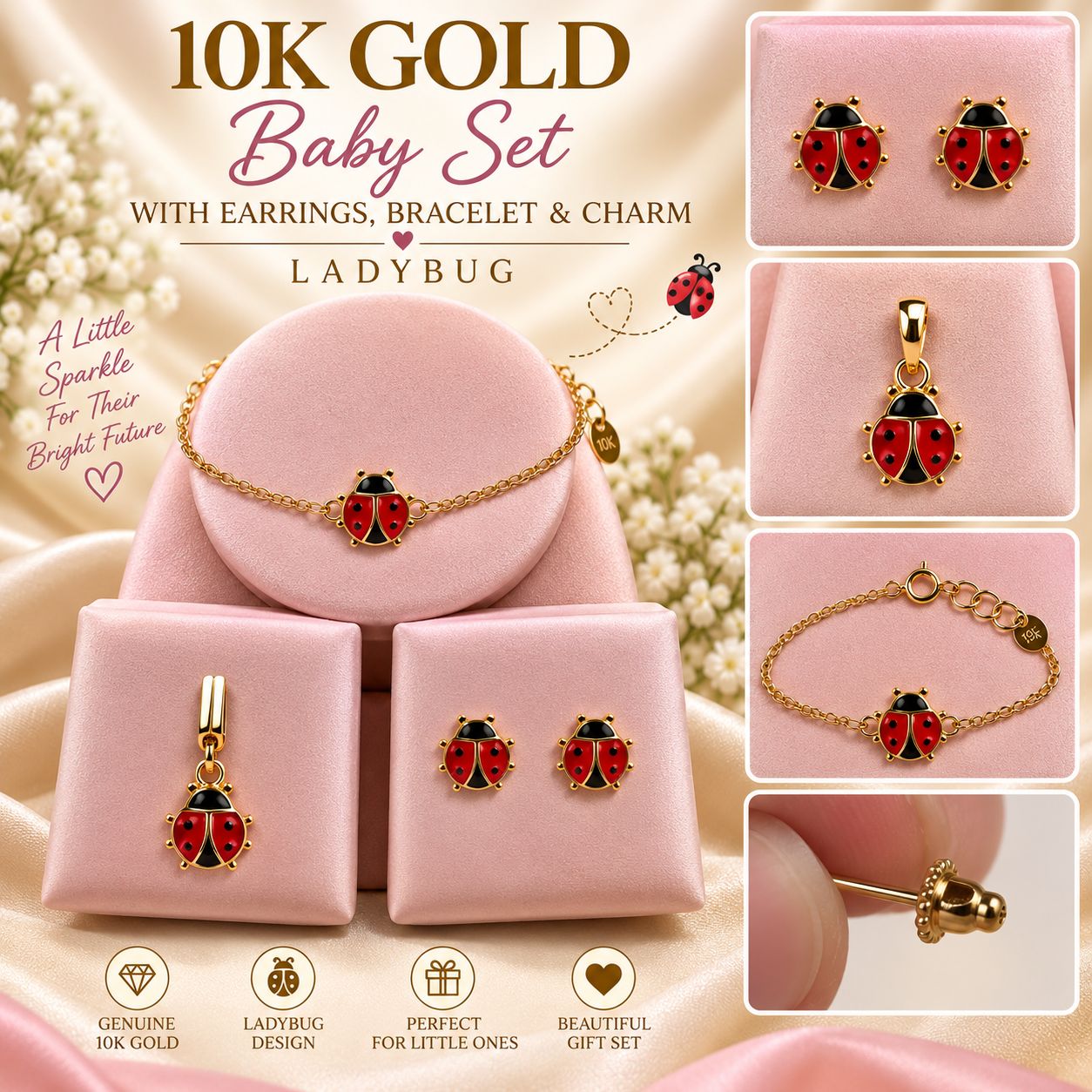 10K Yellow Gold Baby Bracelet Charm & Earrings Set – Choose Your Style – Gift