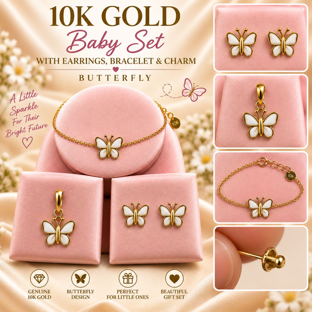 10K Yellow Gold Baby Bracelet Charm & Earrings Set – Choose Your Style – Gift