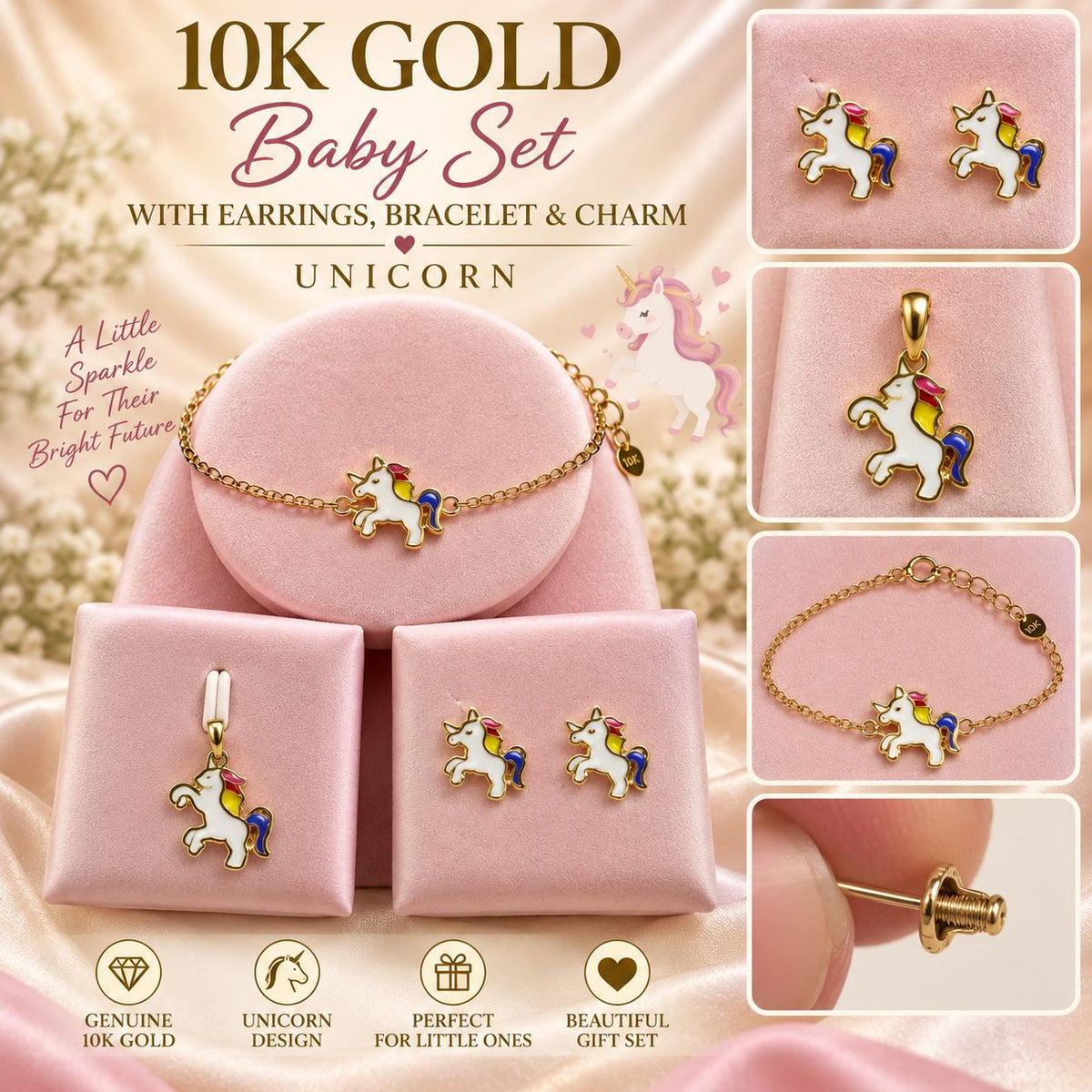 10K Yellow Gold Baby Bracelet Charm & Earrings Set – Choose Your Style – Gift