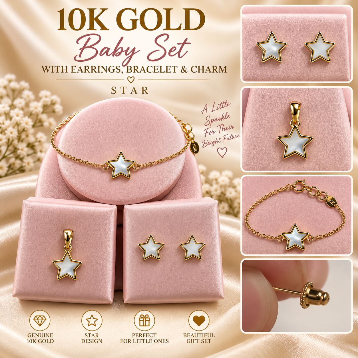 10K Yellow Gold Baby Bracelet Charm & Earrings Set – Choose Your Style – Gift