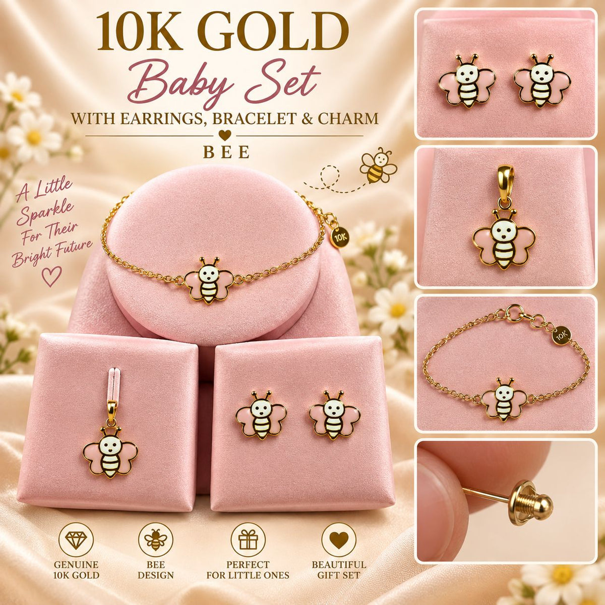 10K Yellow Gold Baby Bracelet Charm & Earrings Set – Choose Your Style – Gift