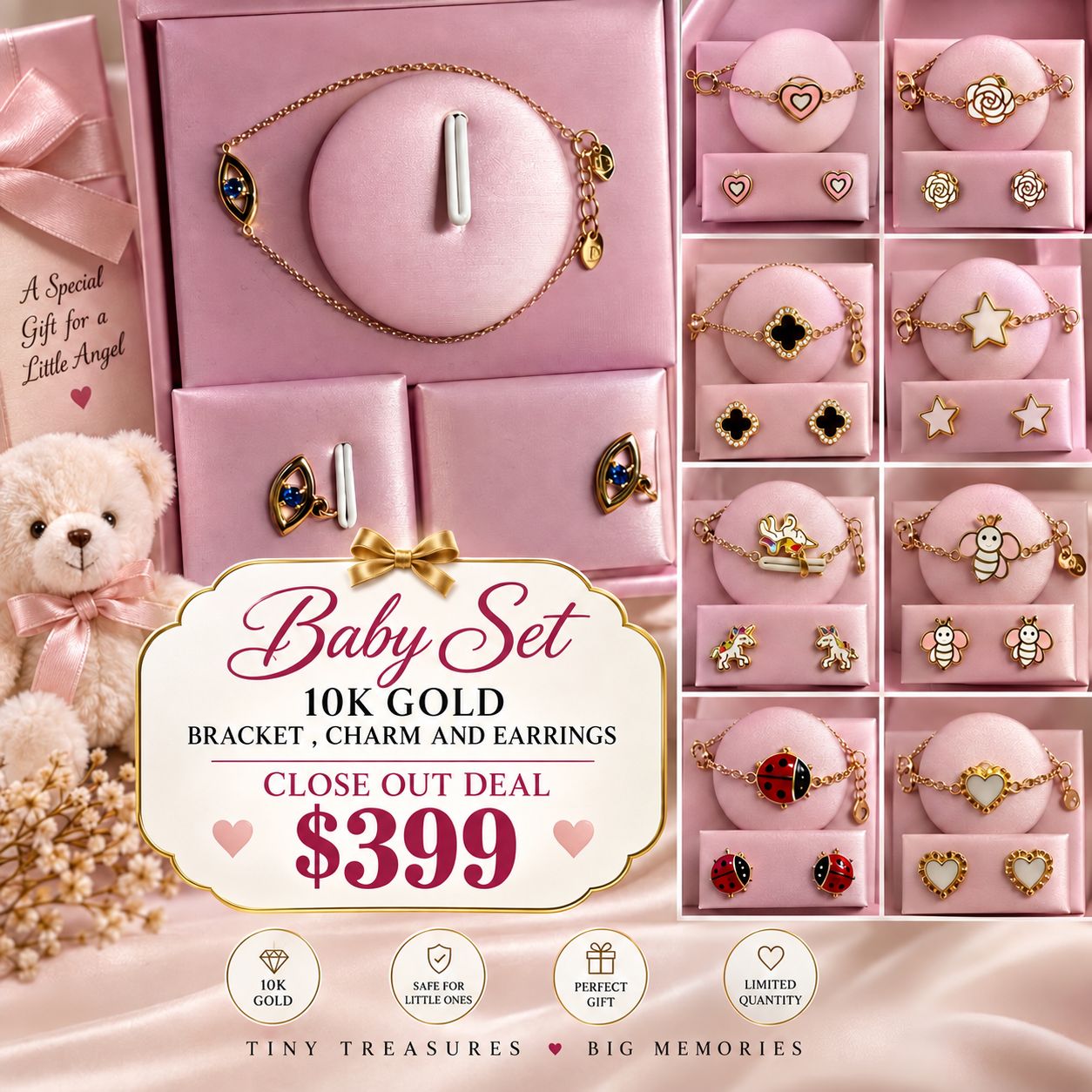 10K Yellow Gold Baby Bracelet Charm & Earrings Set – Choose Your Style – Gift