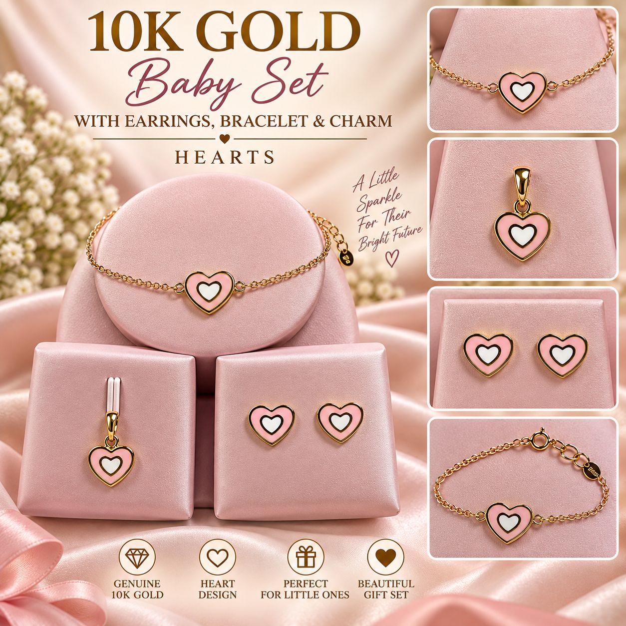 10K Yellow Gold Baby Bracelet Charm & Earrings Set – Choose Your Style – Gift