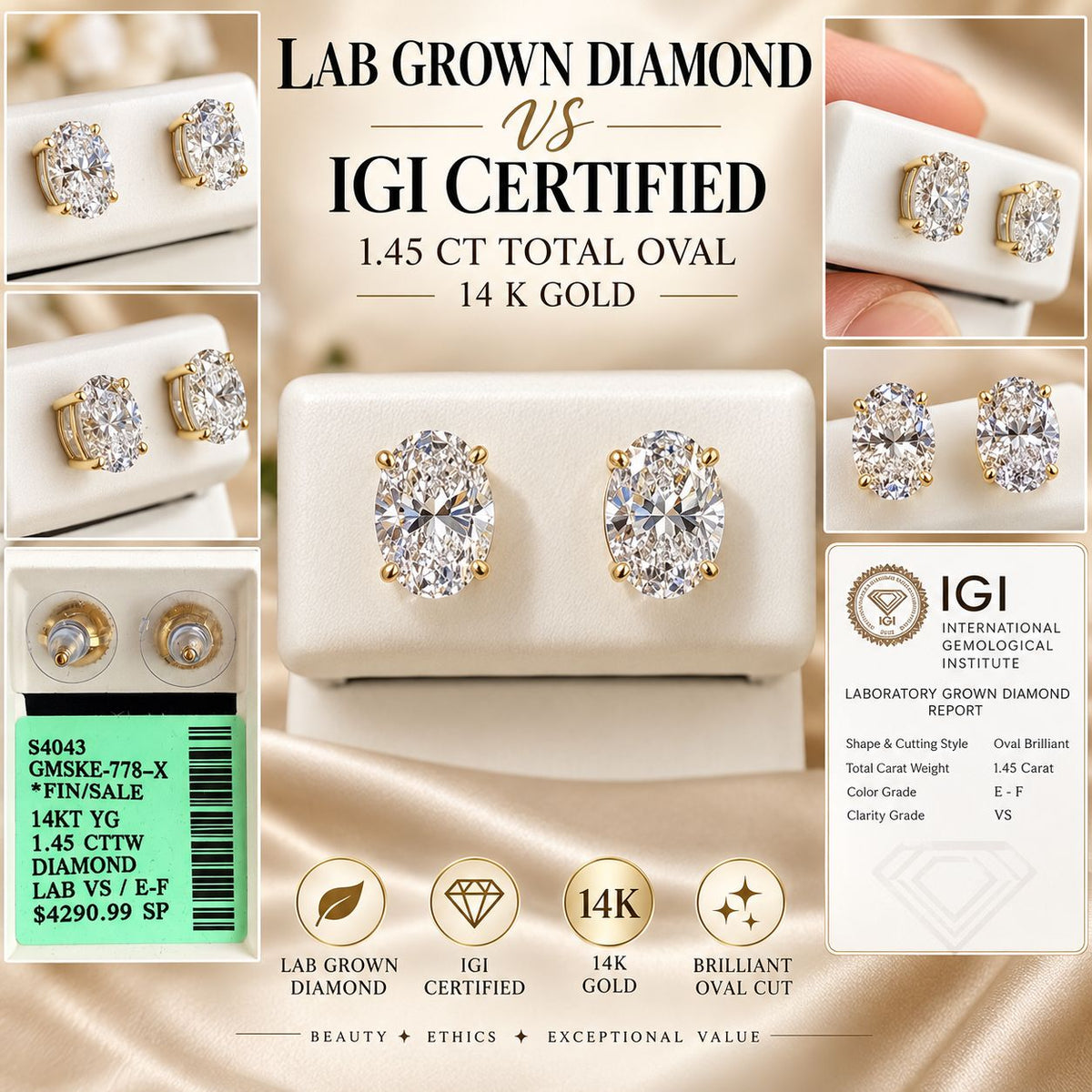14K Yellow Gold 1.45 CTW Oval Lab Grown Diamond Stud Earrings IGI Certified