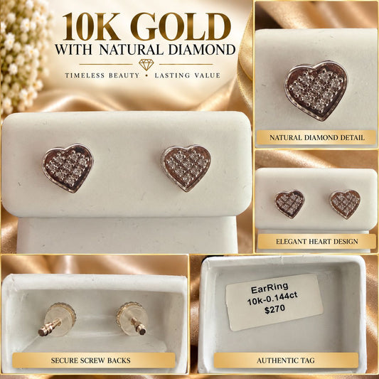 10K Gold Natural Diamond Heart Stud Earrings 0.144 CTW Screw Back