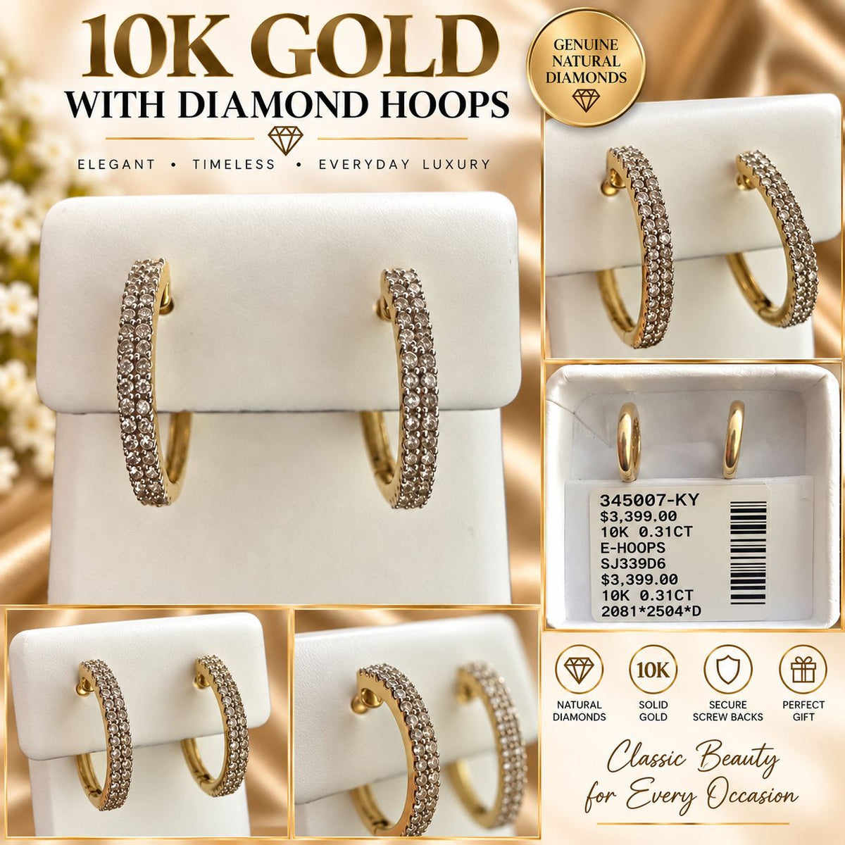 10K Yellow Gold Natural Diamond Hoop Earrings 0.31 CTW Classic Fine Jewelry