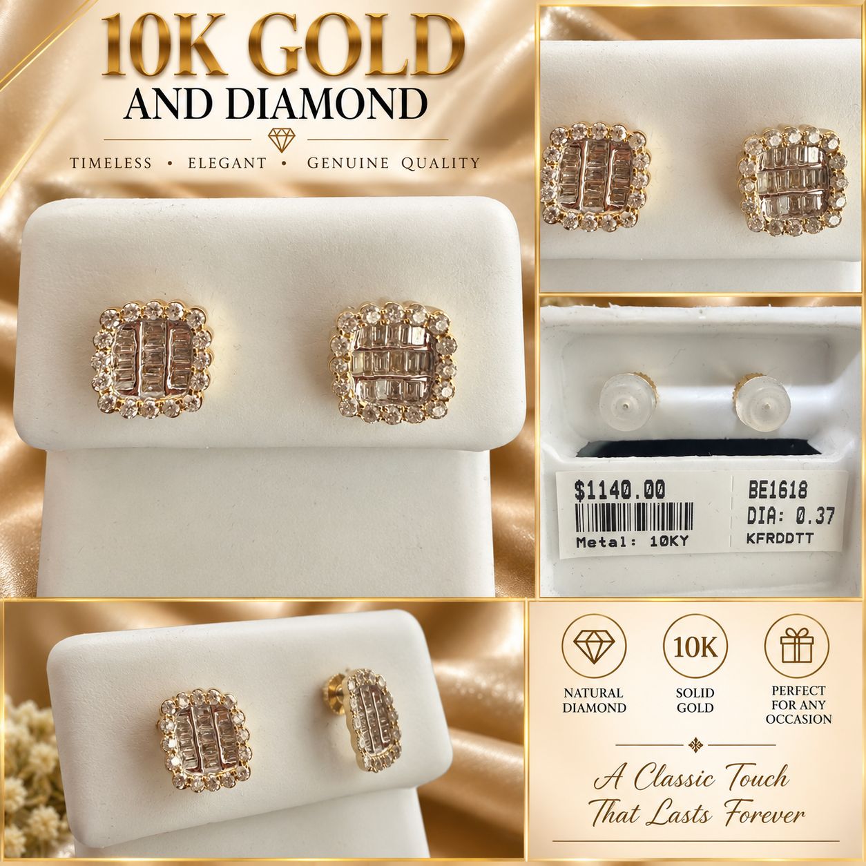 10K Yellow Gold Natural Diamond Cluster Stud Earrings 0.37 CTW Fine Jewelry