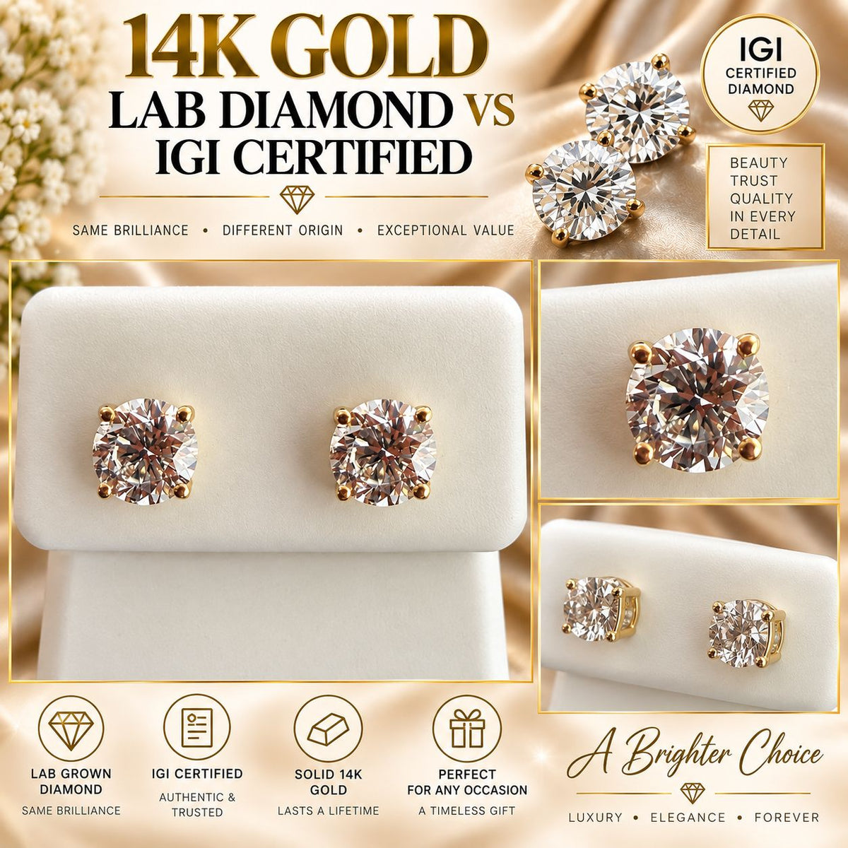 14K Gold Lab Grown Diamond Stud Earrings IGI Certified Round Brilliant