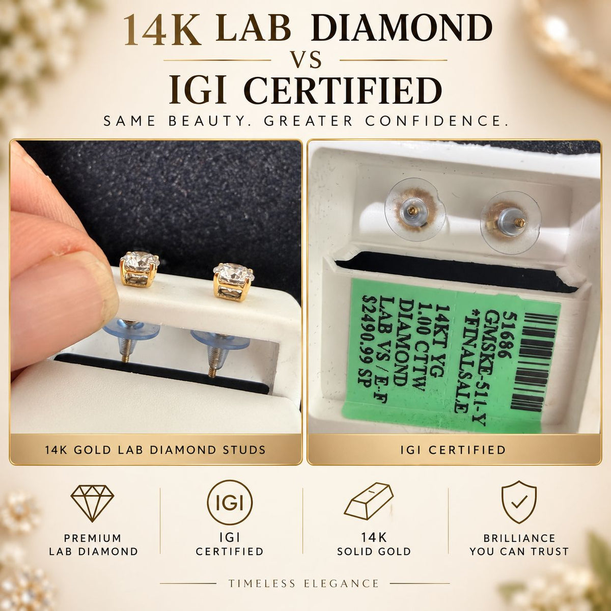 14K Gold Lab Grown Diamond Stud Earrings IGI Certified Round Brilliant