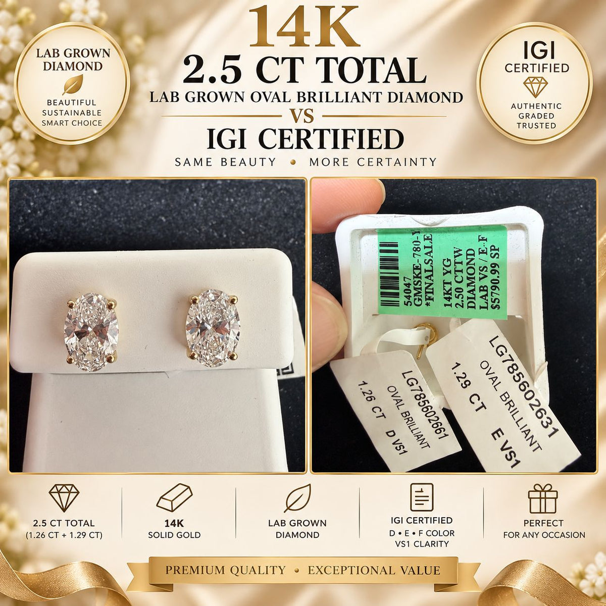 14K Yellow Gold 2.55 CTW Lab Grown Oval Diamond Stud Earrings IGI Certified