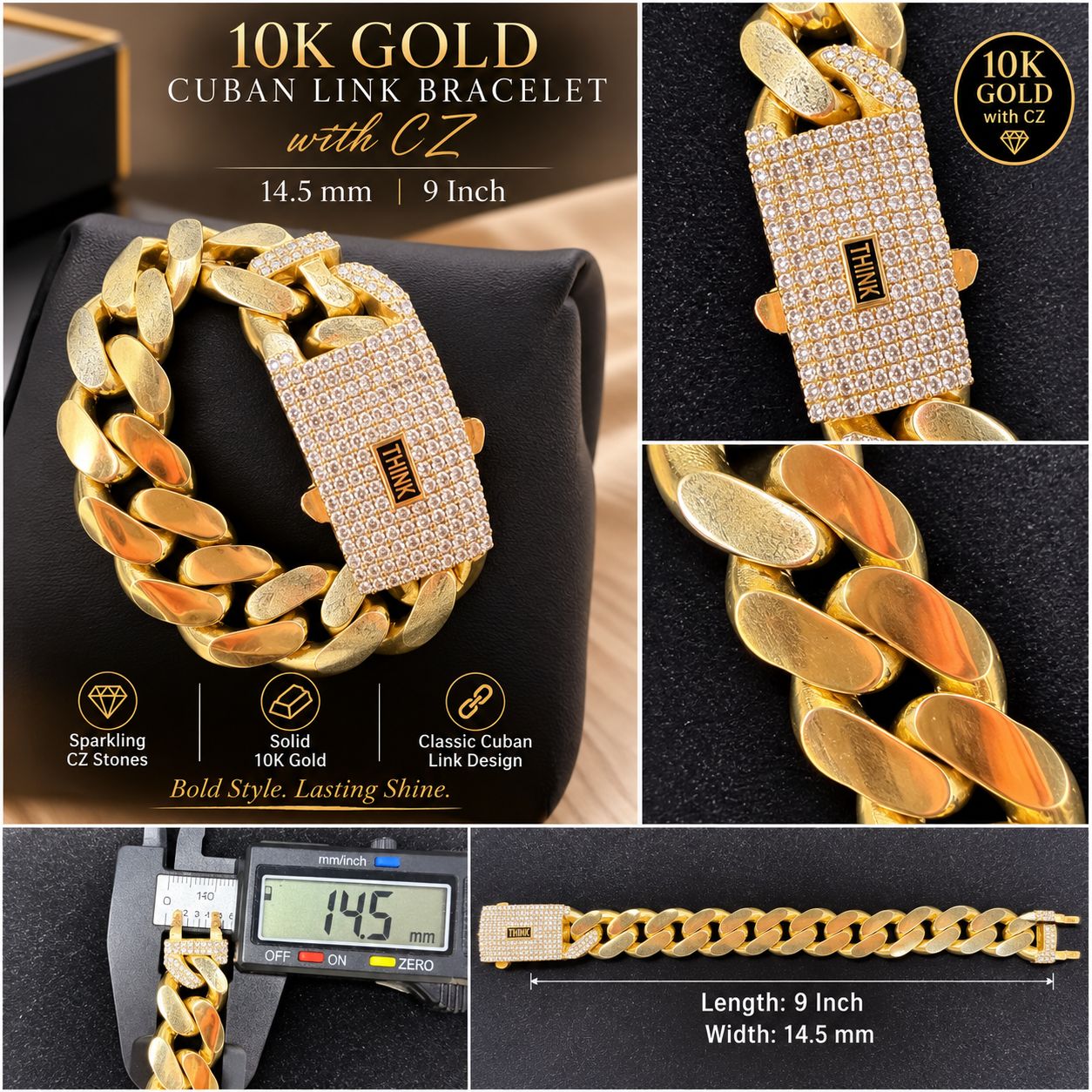 10K Yellow Gold Cuban Link Bracelet 9” 14.5mm CZ Iced Box Clasp Men’s