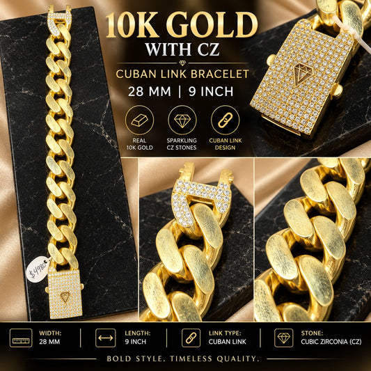 10K Yellow Gold Cuban Link Bracelet 9” 28mm CZ Iced Box Clasp Men’s