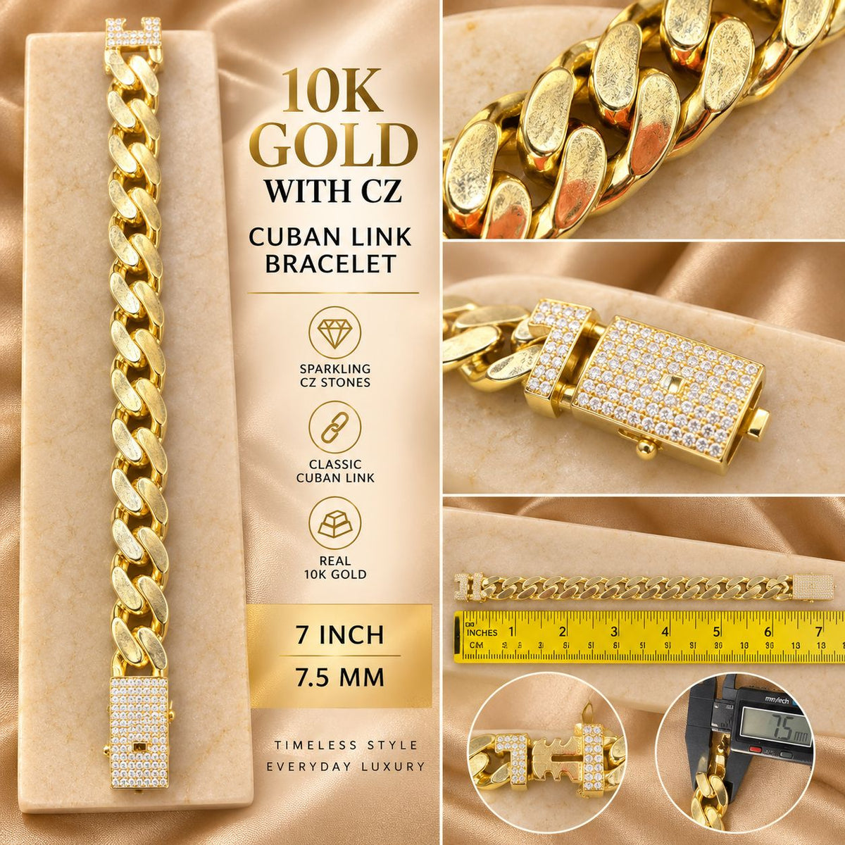 10K Yellow Gold Cuban Link Bracelet 7” 7.5mm CZ Iced Box Clasp Fine Jewelry