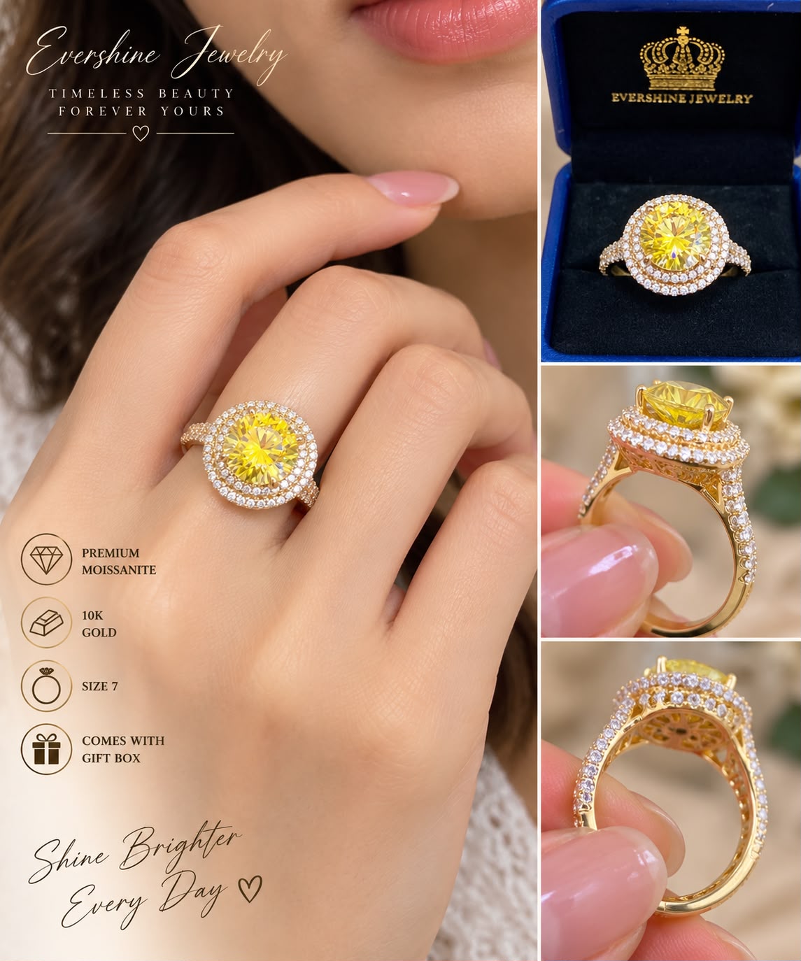 10K Yellow Gold Yellow Moissanite Halo Ring Pavé Double Halo Statement Ring