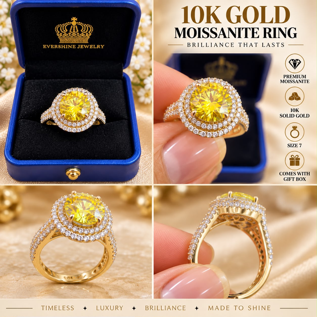 10K Yellow Gold Yellow Moissanite Halo Ring Pavé Double Halo Statement Ring