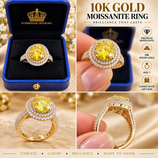 10K Yellow Gold Yellow Moissanite Halo Ring Pavé Double Halo Statement Ring