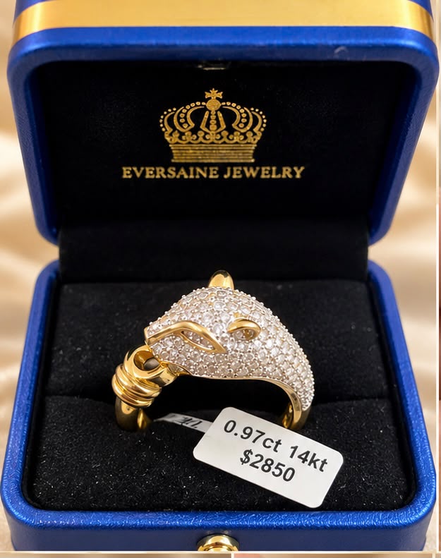 14K Yellow Gold 0.97 CT Natural Diamond Panther Head Ring Size 7 Statement Ring