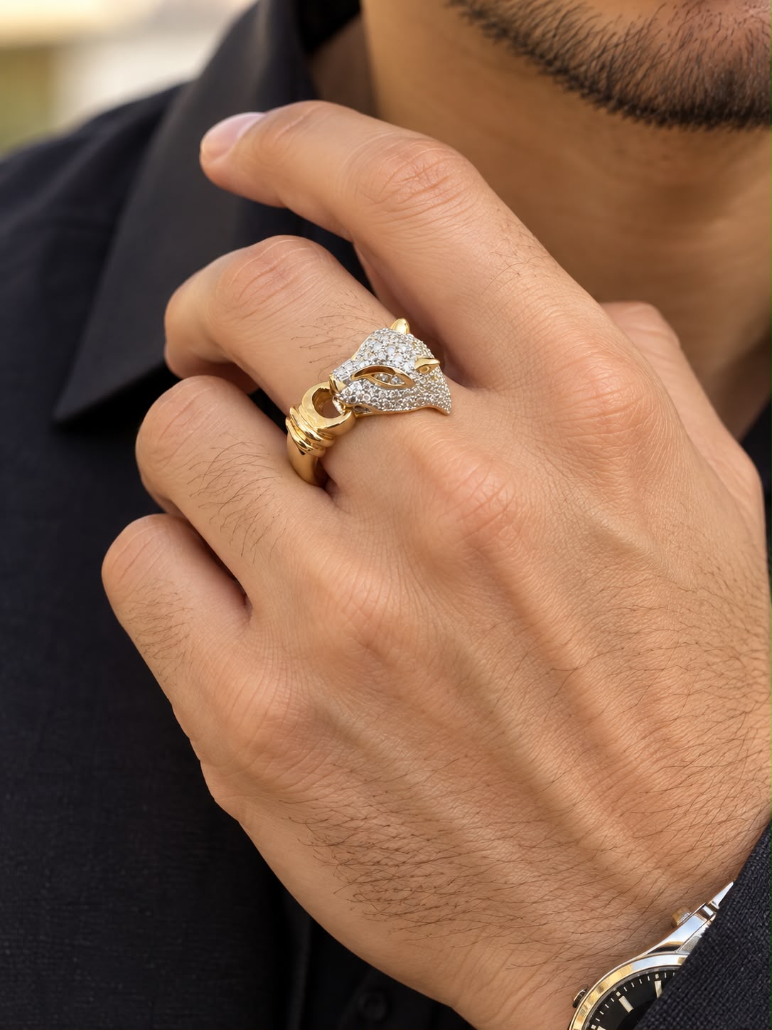 14K Yellow Gold 0.97 CT Natural Diamond Panther Head Ring Size 7 Statement Ring