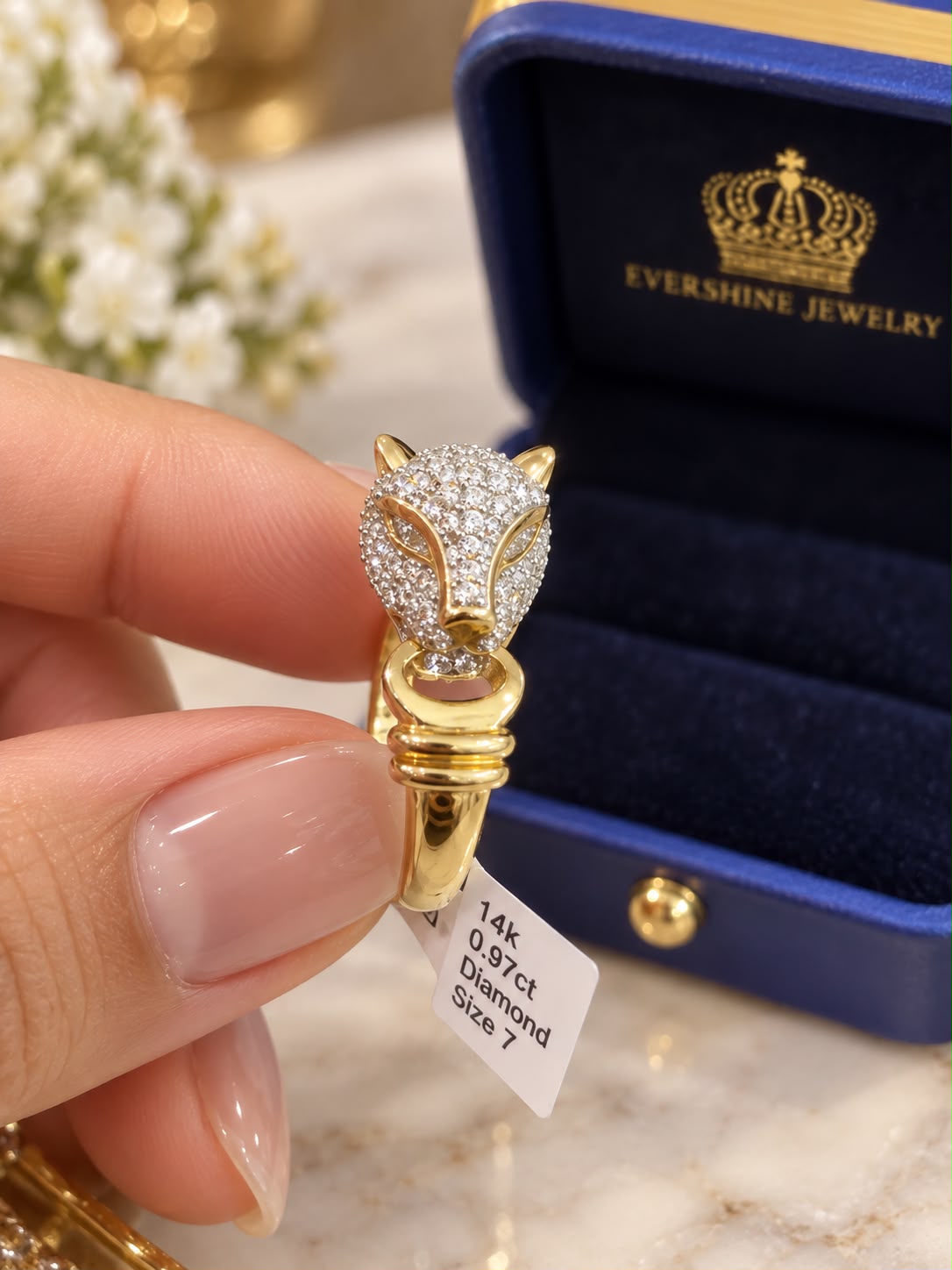 14K Yellow Gold 0.97 CT Natural Diamond Panther Head Ring Size 7 Statement Ring