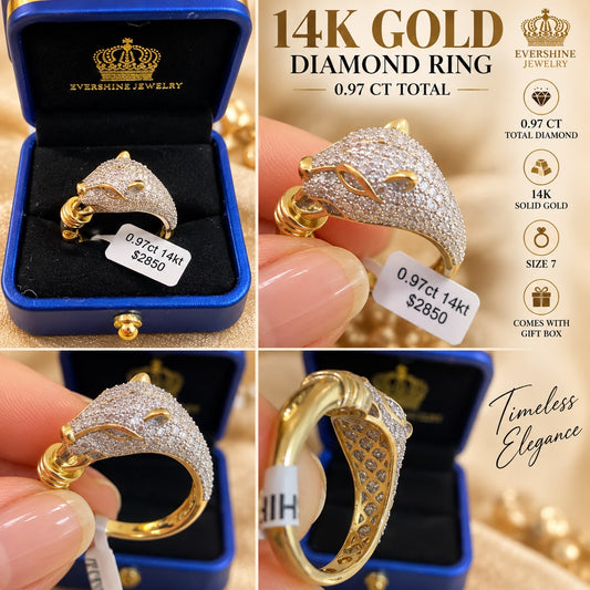14K Yellow Gold 0.97 CT Natural Diamond Panther Head Ring Size 7 Statement Ring