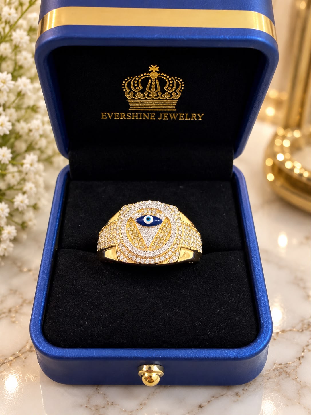 10K Yellow Gold 1 CT Diamond Men’s Evil Eye Ring Statement Protection Ring