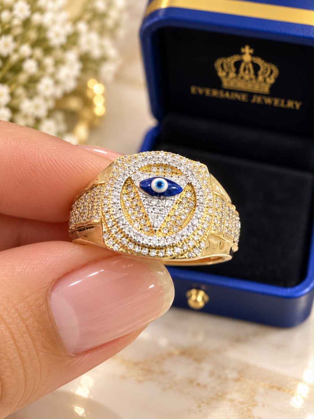 10K Yellow Gold 1 CT Diamond Men’s Evil Eye Ring Statement Protection Ring