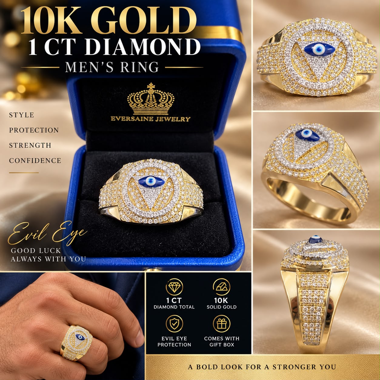 10K Yellow Gold 1 CT Diamond Men’s Evil Eye Ring Statement Protection Ring