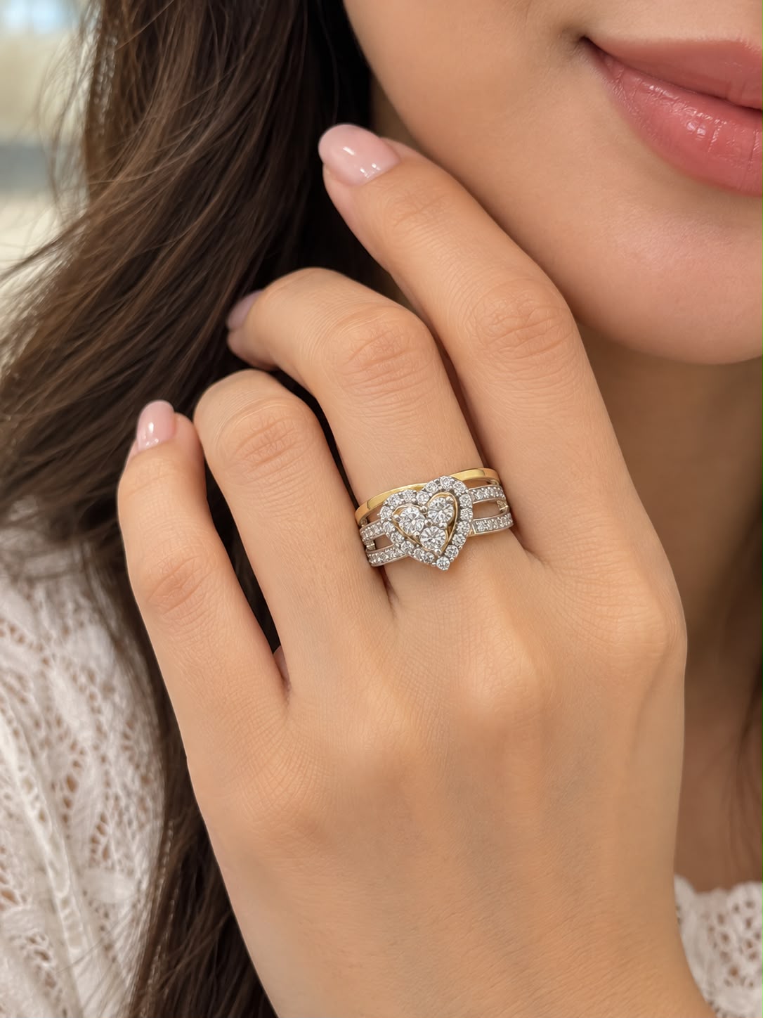 10K Gold 1 CT Diamond Heart Bridal Ring Set – Halo Wedding Engagement Ring