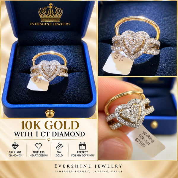 10K Gold 1 CT Diamond Heart Bridal Ring Set – Halo Wedding Engagement Ring